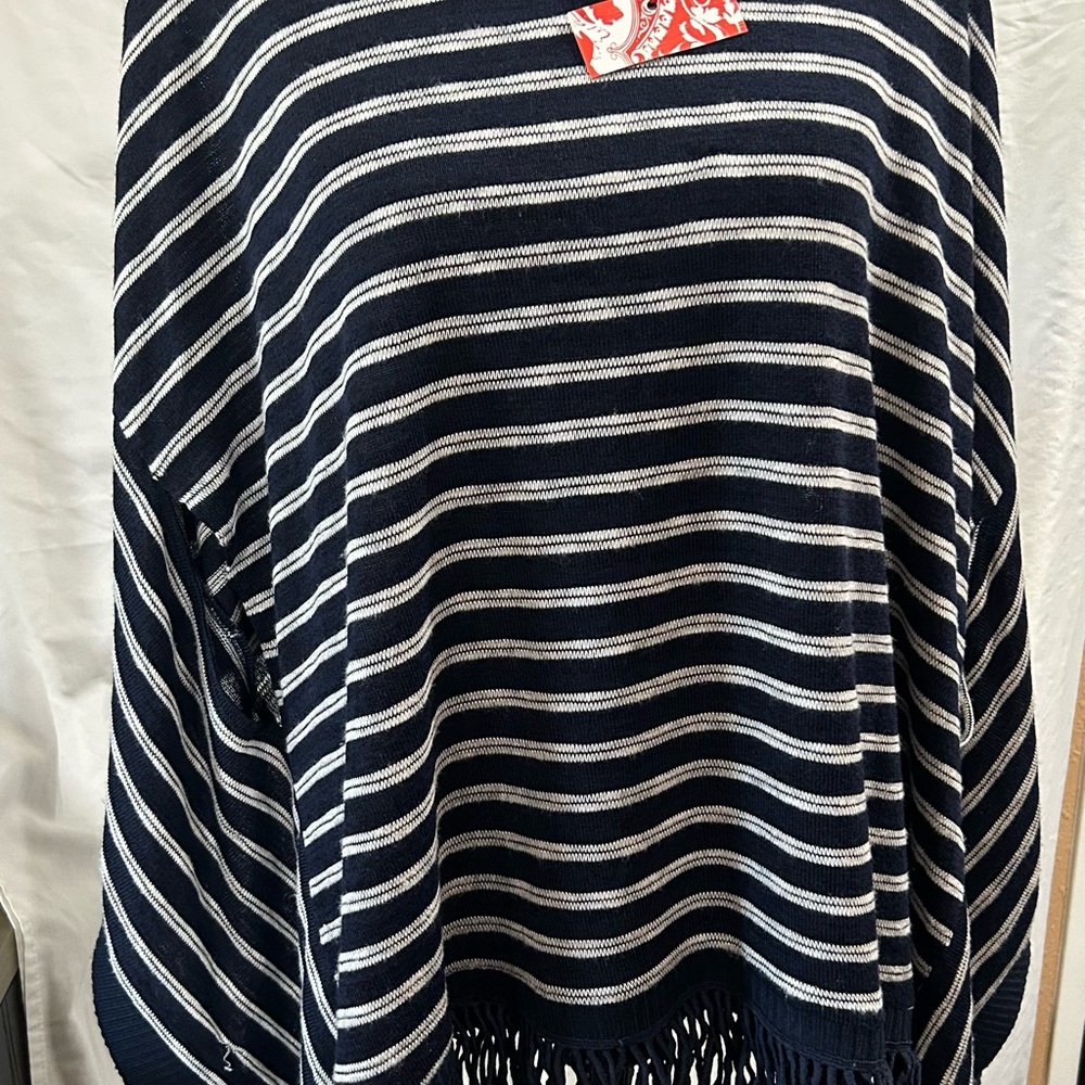 Striped Navy and White Fringe Poncho Sweater - Unbranded